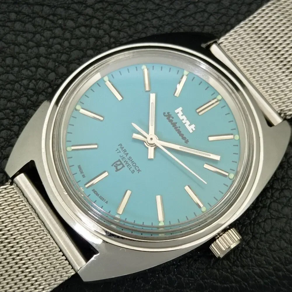 Vintage 1980 HMT Manual Wound Mens Silver Watch & Blue accents